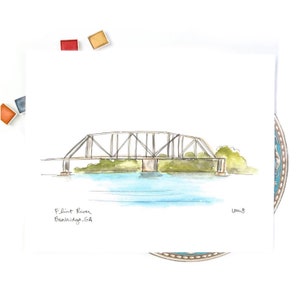 20x30 oder 11x14 Kunst Gemälde, Original Aquarell Illustration Bainbrigate Wahrzeichen Bridge, Georgia