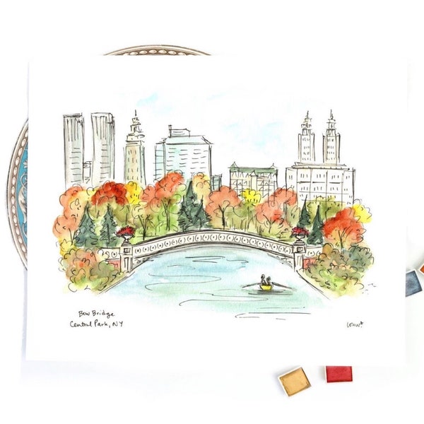 Central Park Bow Bridge in Fall, New York watercolor and ink Art Print, NYC art, gallery wall 8x10 or 11x14 print