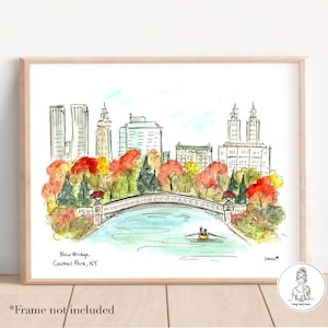 Central Park Bow Bridge in Herbst, New York Aquarell und Tinte Kunstdruck, NYC Kunst, Galeriewand 8x10, 11x14 oder 16x20 Druck