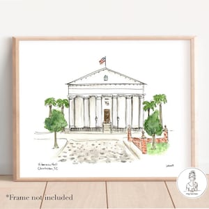 Charleston, South Carolina, Hibernian Hall Historic Wedding Venue, SC Illustration, Watercolor & Ink Art, 8x10, 11x14 or 16x20 print