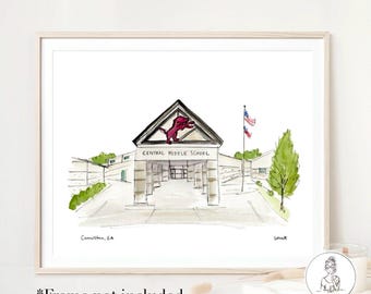 Carrollton Central Middle School, Carrollton, GA, Gallery Wall Print, Watercolor, Shop Local, Historic Georgia, 8x10, 11x14 or 16x20 print.