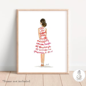 Könnte beinhalten: Eine Aquarell-Illustration einer Frau mit einem Zitat aus Sprichwörter 31:25: "Sie ist bekleidet mit Stärke und Würde, sie kann über die kommenden Tage lachen..." Das Zitat ist in einem rosa und roten Farbverlauf geschrieben.