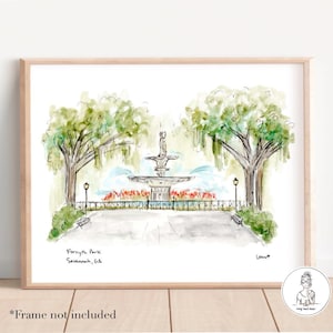Savannah, Georgia, Forsyth Park, Fountain Illustration Print, Historic District, Savannah River Shops, 8x10, 11x14 or 16x20 print