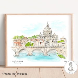 May include: A watercolour illustration of St. Peter's Basilica in Vatican City. The basilica is depicted in a light brown colour with a white dome. The basilica is situated on a bridge over a river. The illustration is framed in a light wood frame.