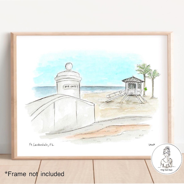 Pi. Lauderdale, Floride - Plage de Las Olas. Illustration à l'aquarelle et à l'encre, qualité archive, impression 8 x 10, 11 x 14 ou 16 x 20