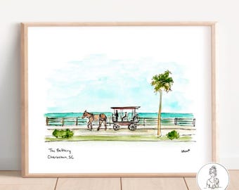 Pode incluir: Pintura em aquarela de uma carruagem puxada por um cavalo em The Battery em Charleston, Carolina do Sul. A carruagem é vermelha e branca com uma palmeira ao fundo.
