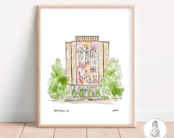 May include: Watercolor illustration of a building with a large mural depicting a figure with outstretched arms. The building is surrounded by trees and has the text "Notre Dame, IN" and "Loretto" below it.