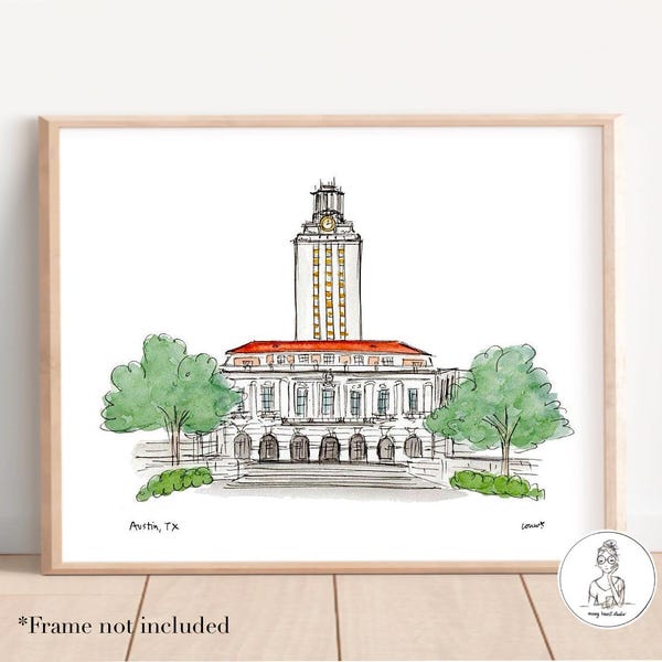 Austin, Texas - Art du campus. Aquarelle et encre, mur de la galerie, cadeau de remise des diplômes, archives, impression 8 x 10, 11 x 14 ou 16 x 20