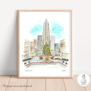 Rockefeller Christmas Tree Ice Skating, New York City watercolor and ink Art Print, NYC art, gallery wall 8x10 or 11x14 print