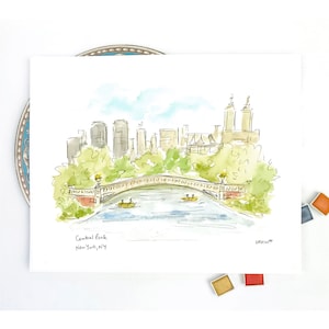 Central Park Bow Bridge New York watercolor and ink Art Print, NYC art, gallery wall 8x10 or 11x14 print