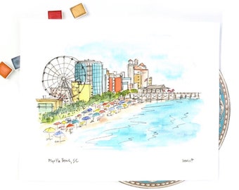 Myrtle Beach, South Carolina Watercolor Art Print, Broadway at the Beach, SkyWheel Landmark Illustration, 8x10 or 11x14 wall art print