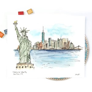 New York City Statue of Liberty watercolor and ink Art Print, NYC art, gallery wall 8x10 or 11x14 print