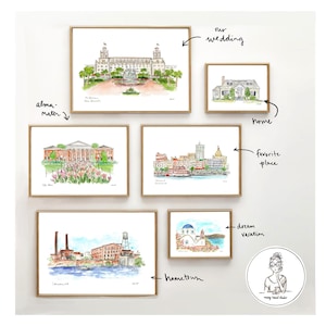 May include: A collection of watercolor illustrations framed in gold, depicting various locations. The illustrations include a building with a fountain, a cityscape, a church, a house, and a waterfront scene. The text "our wedding", "home", "favorite place", "dream vacation", and "hometown" are written on the wall around the illustrations.