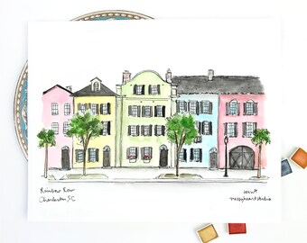 Charleston, South Carolina, Charleston Print, Rainbow Row Historic Homes, Watercolor Archival Quality 8x10 or 11x14 print