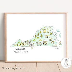 Virginia State Shape Print, Map with Features, Personalized with your Favorite Town, Moving Gift, 8x10, 11x14 or 16x20 print