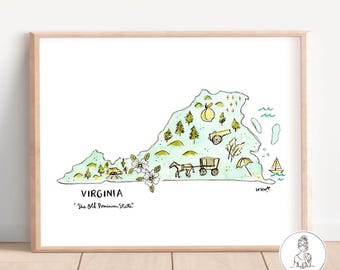 Virginia State Shape Print, Map with Features, Personalized with your Favorite Town, Moving Gift, 8x10, 11x14 or 16x20 print
