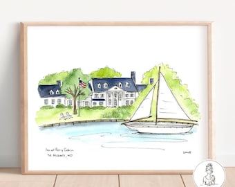 The Inn at Perry Cabin, St Michaels, Maryland, Watercolor and Ink Illustration, Personalized Gallery Wall Art, 8x10 or 11x14 print