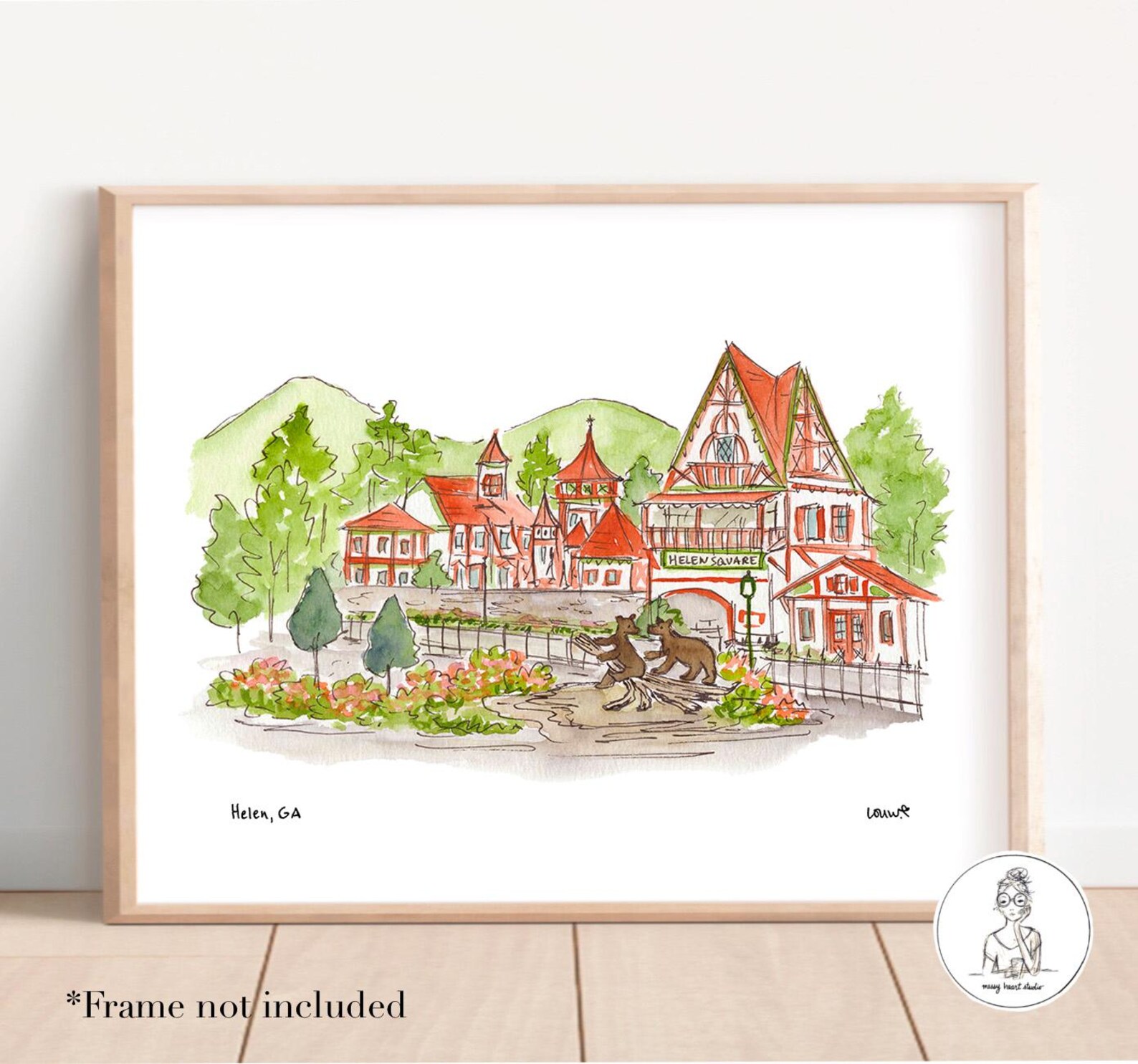 Helen, GA. Watercolor & Ink Illustration, North Georgia Mountains, Oktoberfest, Alpine Village Art, 8x10, 11x14 or 16x20 print - 11x14 inches