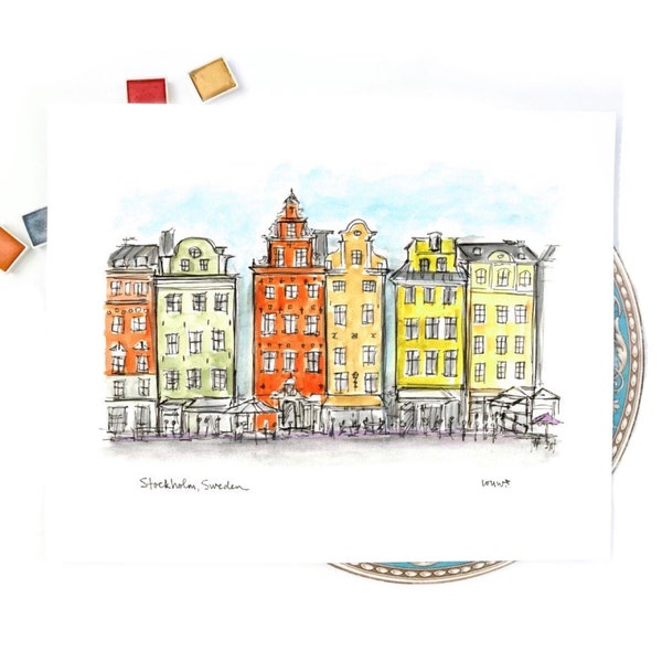 Stockholm, Sweden watercolor illustration print, Archival Quality 8x10 or 11x14 print