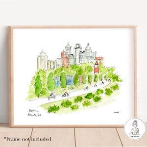 Atlanta, Georgia, Beltline, Watercolor and Ink Illustration, ATL Skyline, Gallery Wall, 8x10, 11x14 or 16x20 print