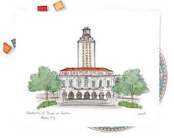 University of Texas at Austin watercolor and ink illustration print, 8x10, 11x14