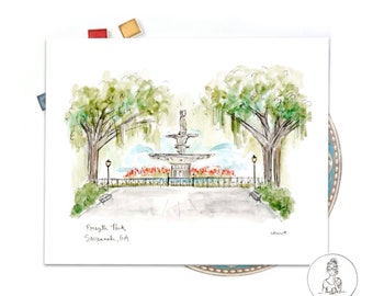 Savannah Georgia Forsyth Park Fountain Illustration Print, Historic District, Savannah River Shops 8x10 or 11x14 gallery wall print