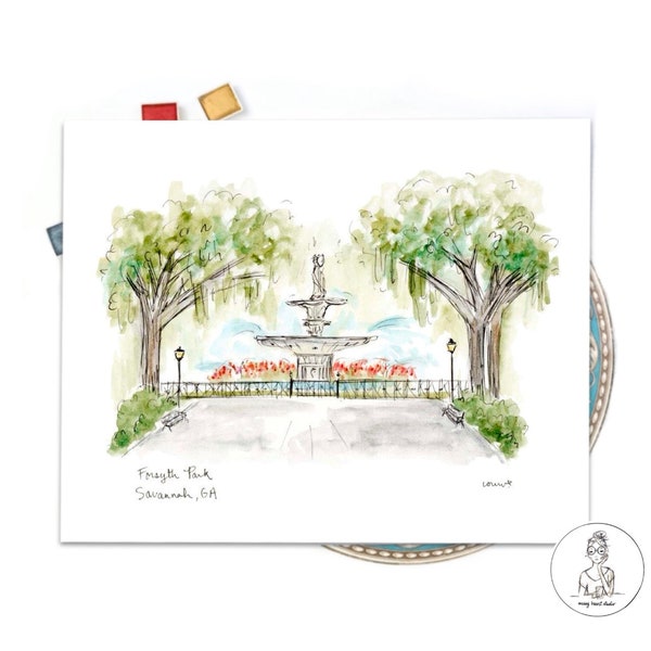 Savannah Georgia Forsyth Park Fountain Illustration Print, Historic District, Savannah River Shops 8x10 or 11x14 gallery wall print