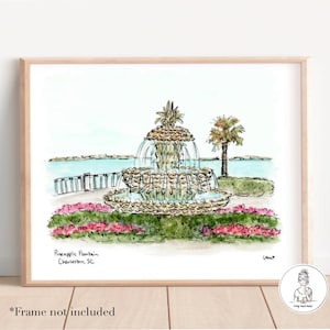 Charleston, South Carolina, Pineapple Fountain, Historic Waterfront Park, Watercolor & Ink, Archival Quality, 8x10, 11x14 or 16x20 print