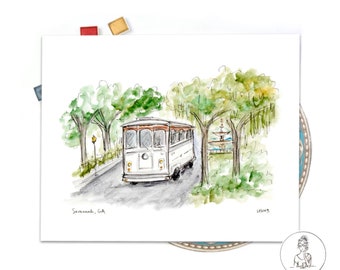 Savannah Georgia Trolley Tour Forsyth Park Fuente Ilustración Impresión, Distrito Histórico, Savannah River Shops Impresión 8x10 o 11x14