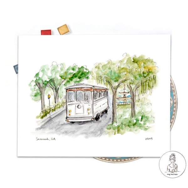 Savannah Georgia Trolley Tour Forsyth Park Fountain Illustration Print, Historic District, Savannah River Shops 8x10 or 11x14 print