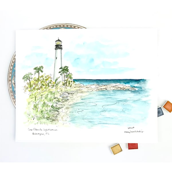 Cape Florida Lighthouse, Miami, Key Biscayne Bay, Historic lighthouse,  illustration, watercolor print 8x10