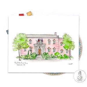The Olde Pink House, Georgia, Savannah Art Riverfront Illustration Print, watercolor illustration 8x10 or 11x14 print