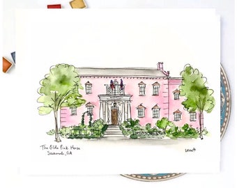 The Olde Pink House, Georgia, Savannah Art Riverfront Illustration Print, watercolor illustration 8x10 or 11x14 print