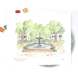 Savannah Georgia Columbia Square Fountain Illustration Print, Historic District, Savannah River Shops 8x10 or 11x14 gallery wall print
