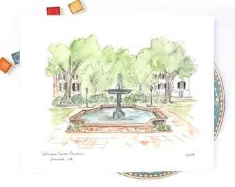 Savannah Georgia Columbia Square Fountain Illustration Print, Historic District, Savannah River Shops 8x10 or 11x14 gallery wall print