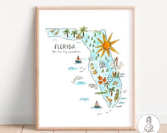 Florida, You are my Sunshine, State Outline with Features, The Sunshine State, 8x10, 11x14 or 16x20 print
