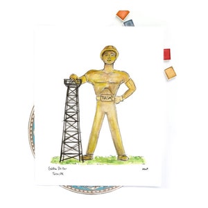 Golden Driller, Tulsa, Oklahoma Watercolor and Ink Illustration, Local Landmark wall art, 8x10 or 11x14 print