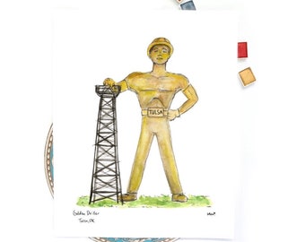 Golden Driller, Tulsa, Oklahoma Watercolor and Ink Illustration, Local Landmark wall art, 8x10 or 11x14 print