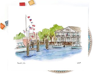 Beaufort, North Carolina  Waterfront Watercolor Illustration, watercolor print 8x10 or 11x14