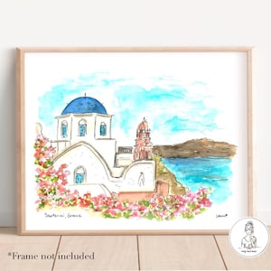 Santorini, Greece watercolor illustration print, Archival Quality 8x10 or 11x14