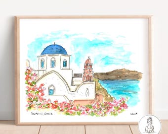 サントリーニ島 水彩画 ギリシャ オリジナル絵画 オーダーメイド 旅行
