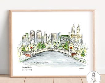May include: A watercolor illustration of Central Park in New York City. The illustration features a bridge over a body of water with a cityscape in the background. The cityscape includes tall buildings and trees. The text "Central Park, New York, NY" is written below the bridge.