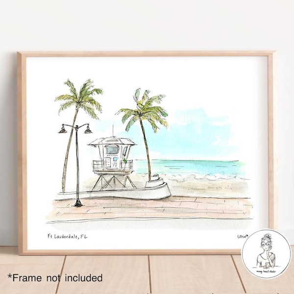 Pi. Lauderdale, Floride - Support de plage et de sauveteur. Illustration à l'aquarelle et à l'encre, qualité archive, impression 8 x 10, 11 x 14 ou 16 x 20