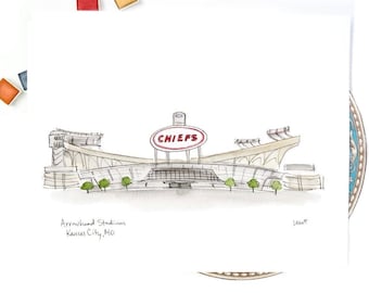 Kansas City Football stadium illustration, Chiefs football fan gift, Watercolor and Ink art print, 8x10 or 11x14