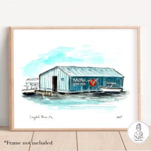 Crystal River, Florida. Pete's Pier. Zeekoeien, nautische illustratie, natuurkust, kustkunst, aquarelprint 8 x 10 of 11 x 14