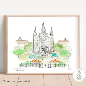 Jackson Square, La Nouvelle-Orléans, Louisiane. Illustration à l'aquarelle et à l'encre, impression 8 x 10, 11 x 14 ou 16 x 20