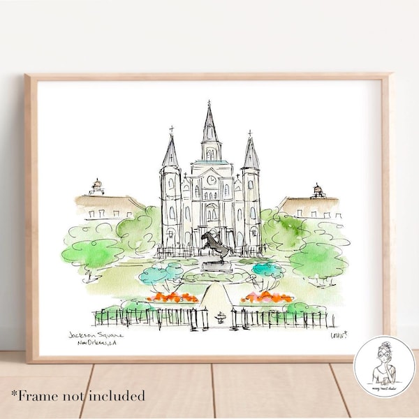 Jackson Square, La Nouvelle-Orléans, Louisiane. Illustration à l'aquarelle et à l'encre, impression 8 x 10, 11 x 14 ou 16 x 20