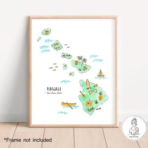 Hawaii geïllustreerde staatskaart, gepersonaliseerde Hawaiiaanse kaart, geïllustreerde kaart met kenmerken, staatsvorm aquarel en inkt 8 x 10, 11 x 14 of 16 x 20 afdrukken