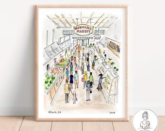 Atlanta, GA - Mercado Municipal. Ilustração em aquarela e tinta, ATL Georgia, Arte de parede de galeria, Personalizada, impressão 8x10, 11x14 ou 16x20