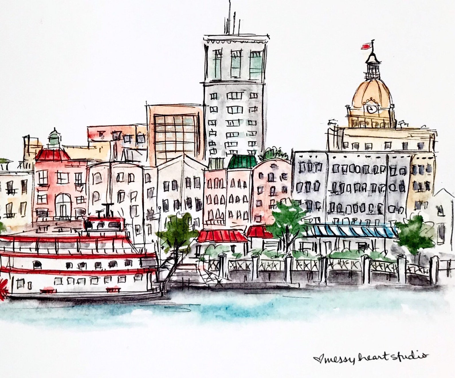Savannah Riverfront Illustration Print Historic Etsy